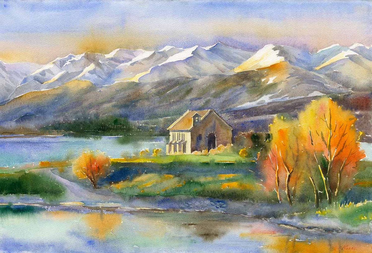 Painting from New Zealand with snow capped peaks and blue lake with trees of autumn colours reflecting in the water. In the centre of the artwork is the Church of Good Hope standing solitary in this astounding landscape.
